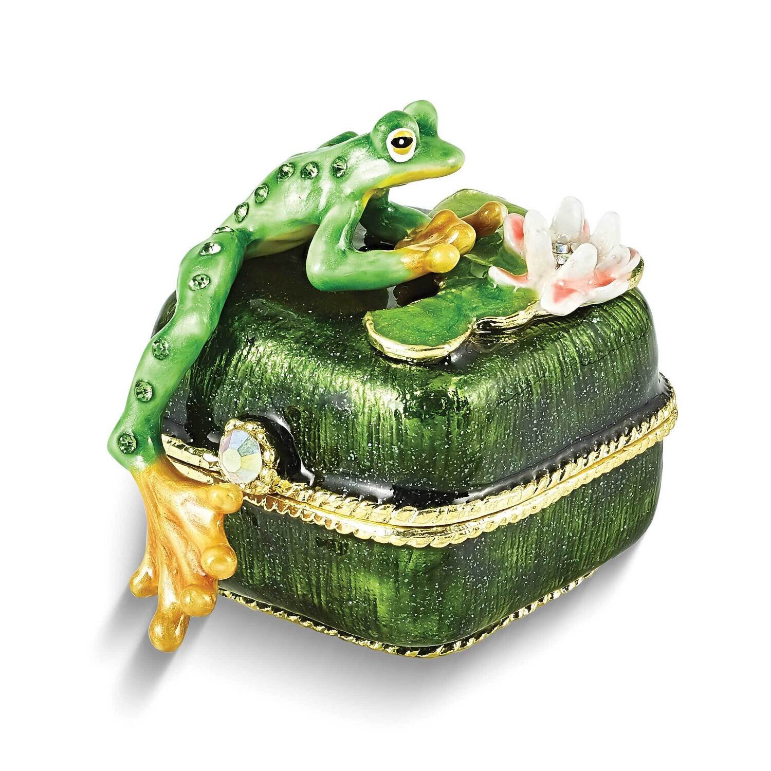 By Jere PADDY Frog on Lily Pad Trinket Box with Matching 18 Inch Necklace Pewter Bejeweled Crystals Gold-tone Enameled BJ4178