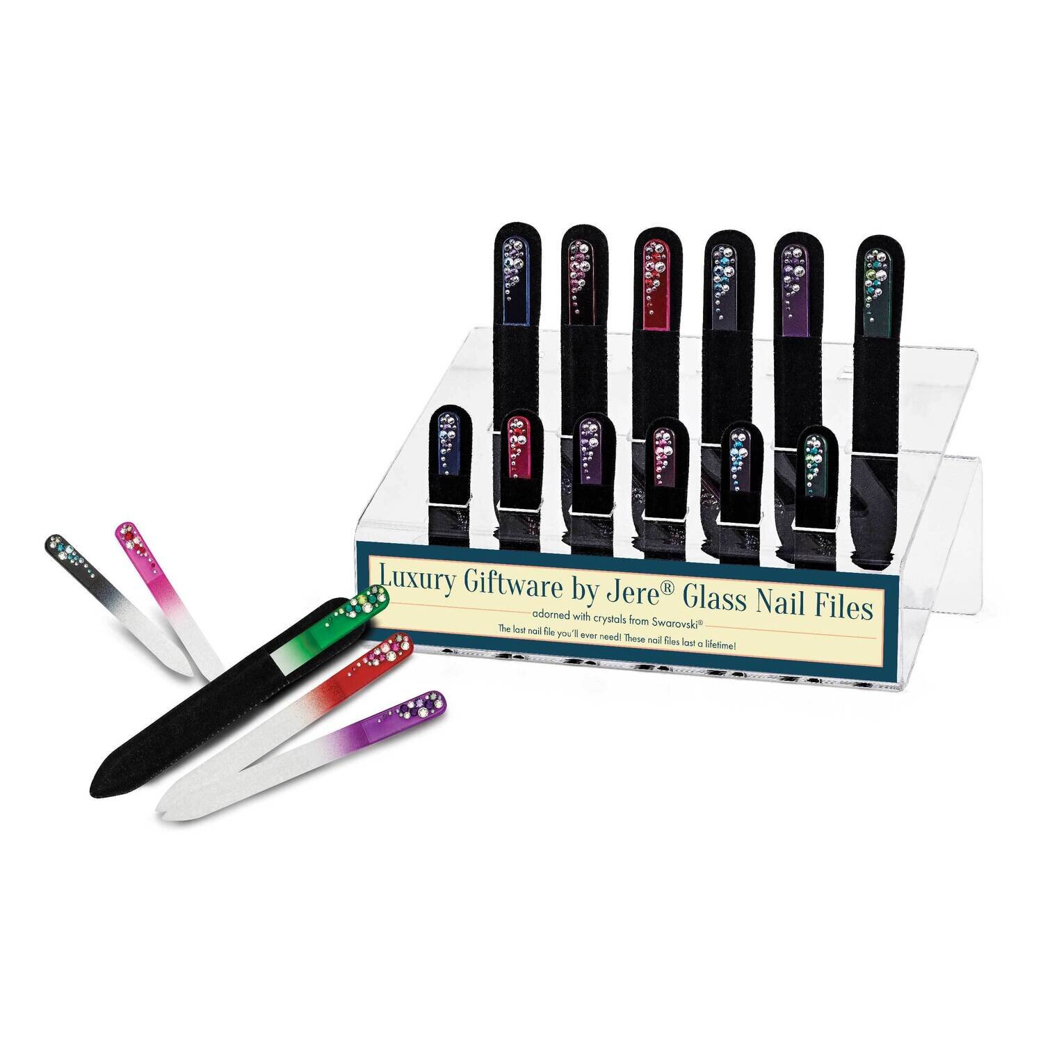 By Jere Glass Nail File Kit with Acrylic Display Includes 36 Files and Velveteen Sleeves JNFKIT2