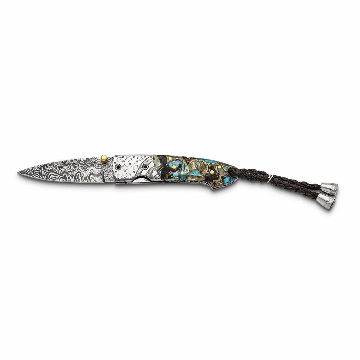 By Jere Folding Blade Turquoise/Abalone/Obsidian/Bronze Handle Knife with Leather Sheath and Wooden Gift Box Damascus Steel 256 Layer KN3257