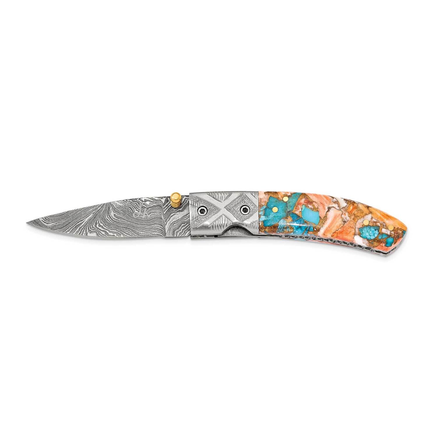 By Jere Spiny Oyster and Turquoise Handle Folding Blade Knife with Leather Sheath and Wooden Gift Box Damascus Steel 256 Layer KN3244