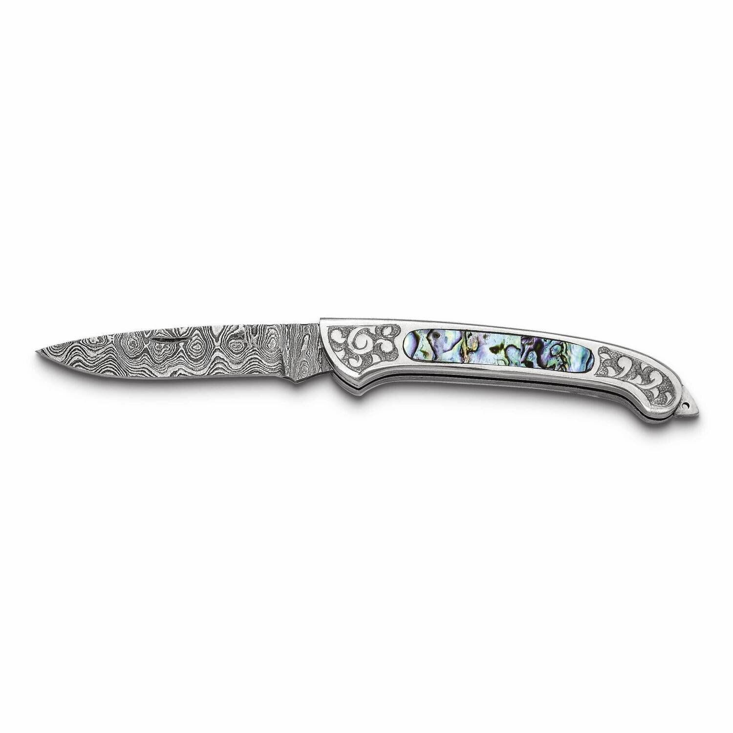 By Jere Folding Blade Abalone Inlay Handle Knife with Leather Sheath and Wooden Gift Box Damascus Steel 256 Layer KN3261