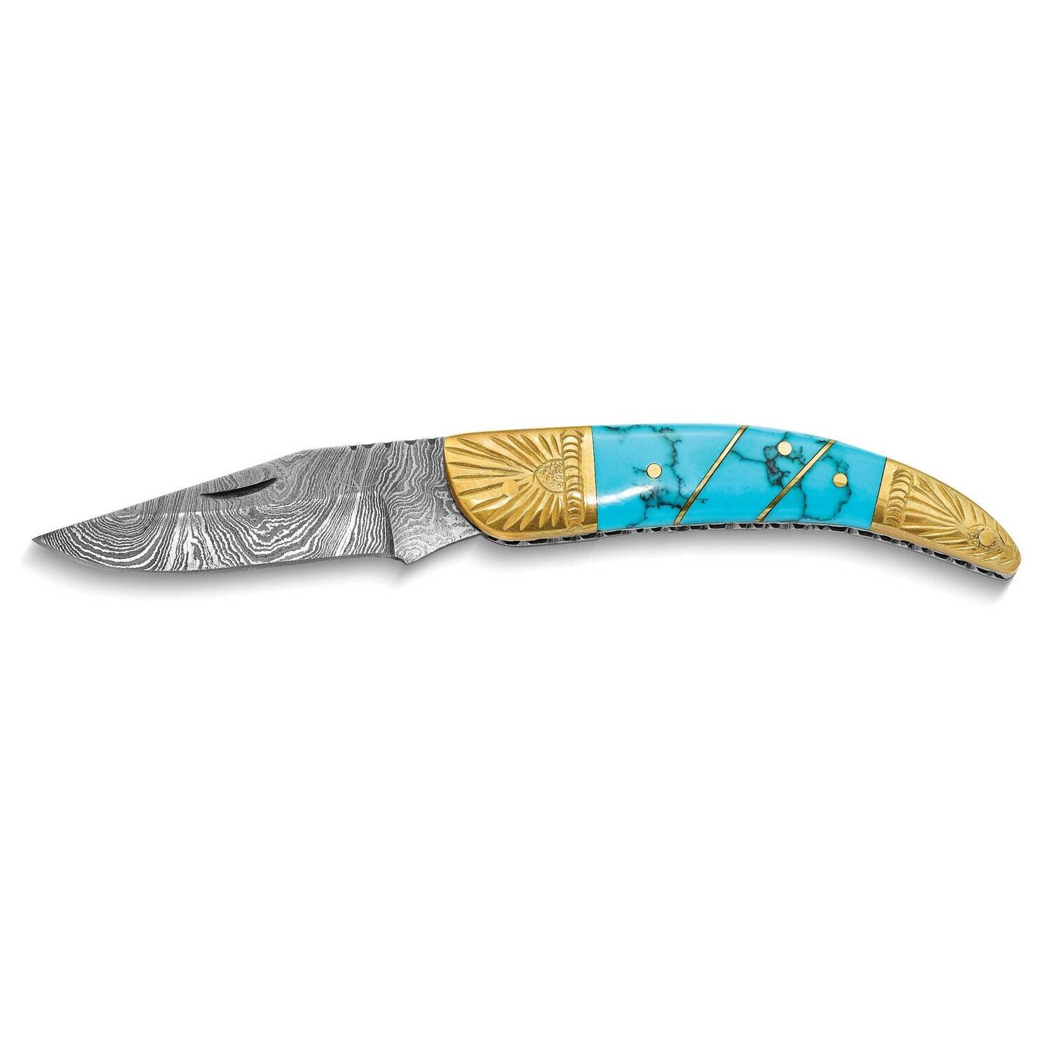 By Jere Folding Blade Compressed Turquoise and Stone Handle Knife with Leather Sheath and Wooden Gift Box Damascus Steel 256 Layer KN3270