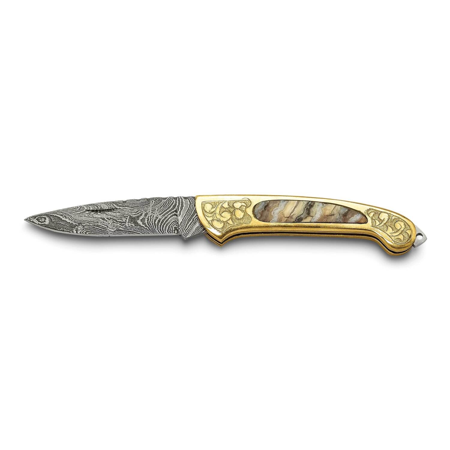 By Jere Limited Ed Damascus 256 Layer Brass/Woolly Mammoth Tooth Inlay Handle Folding Knife with Leather Sheath and Wooden Gift Box KN3264