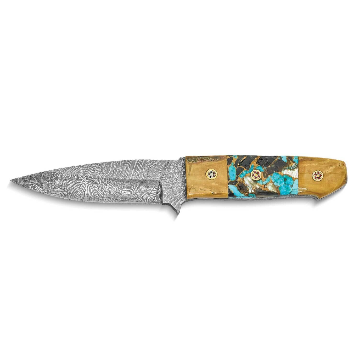 By Jere Limited Edition Fixed Blade Woolly Mammoth Tusk Ivory and Abalone/Compressed Bronze/Turquiose/Obsidian Handle with Leather Sheath and Wooden Gift Box Damascus Steel 256 Layer KN3268