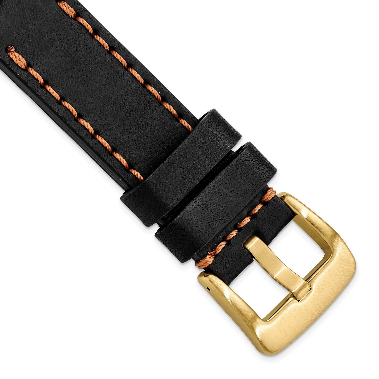22mm Black with Stitch Sport Calfskin with IP-plated Buckle Watch Band Gold-tone BAY343-22