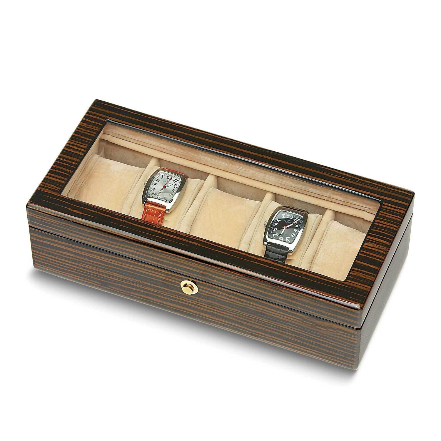 High Gloss Striped Ebony Wood Finish Glass Lid Felt Lined Locking Wooden 5-Watch Storage Case GP9011