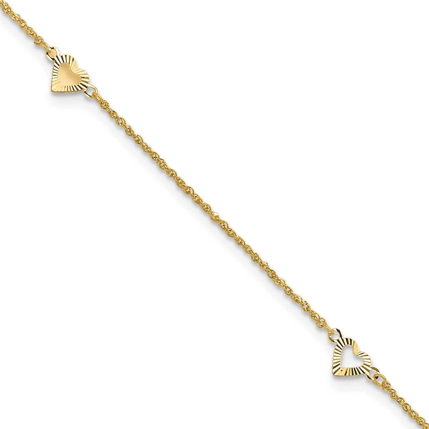 Diamond-Cut Hearts 10In Plus 1Inch Extension Anklet 14k Gold ANK218-11