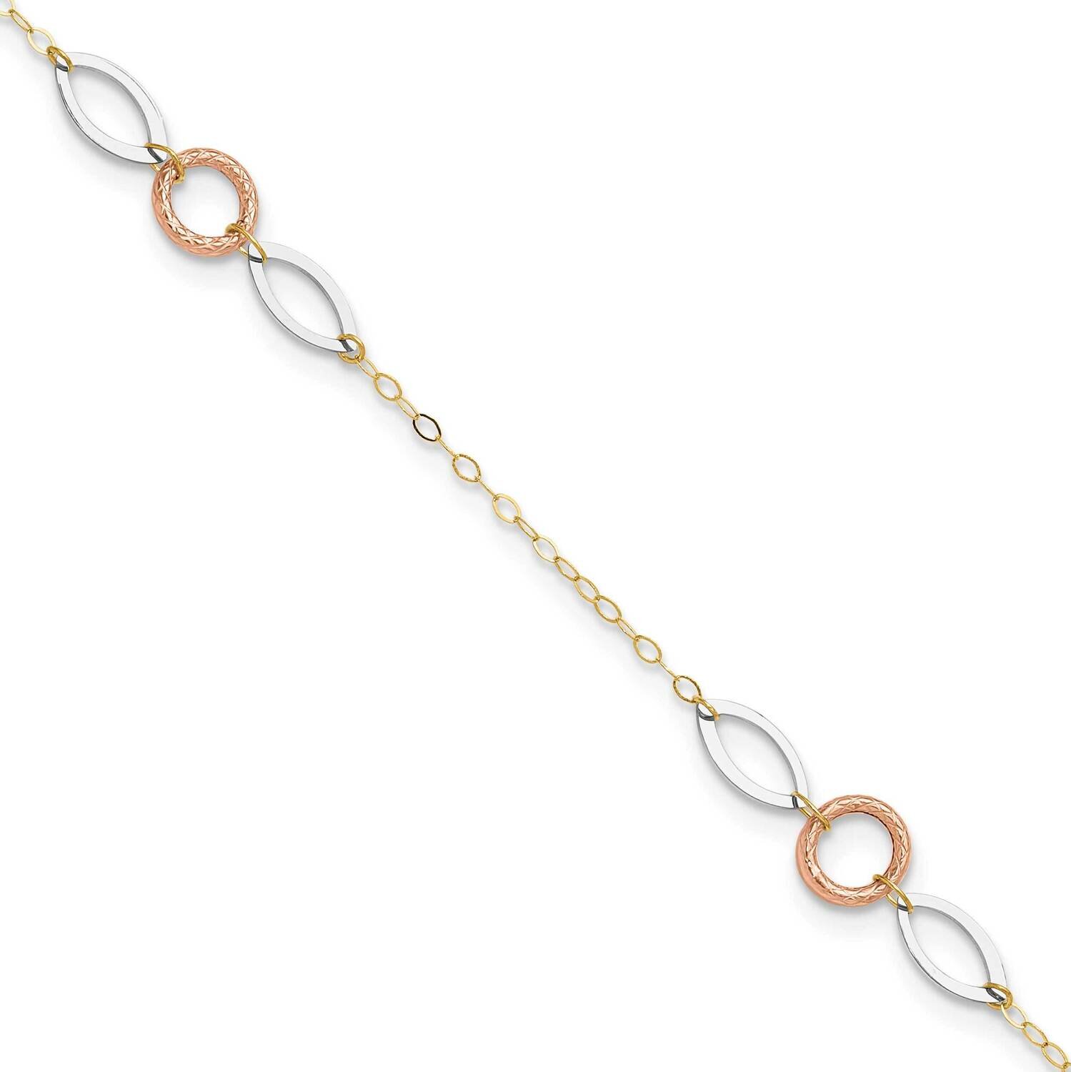 Tri-Color Circle And Oval 10In Plus 1Inch Extension Anklet 14k Gold ANK222-11