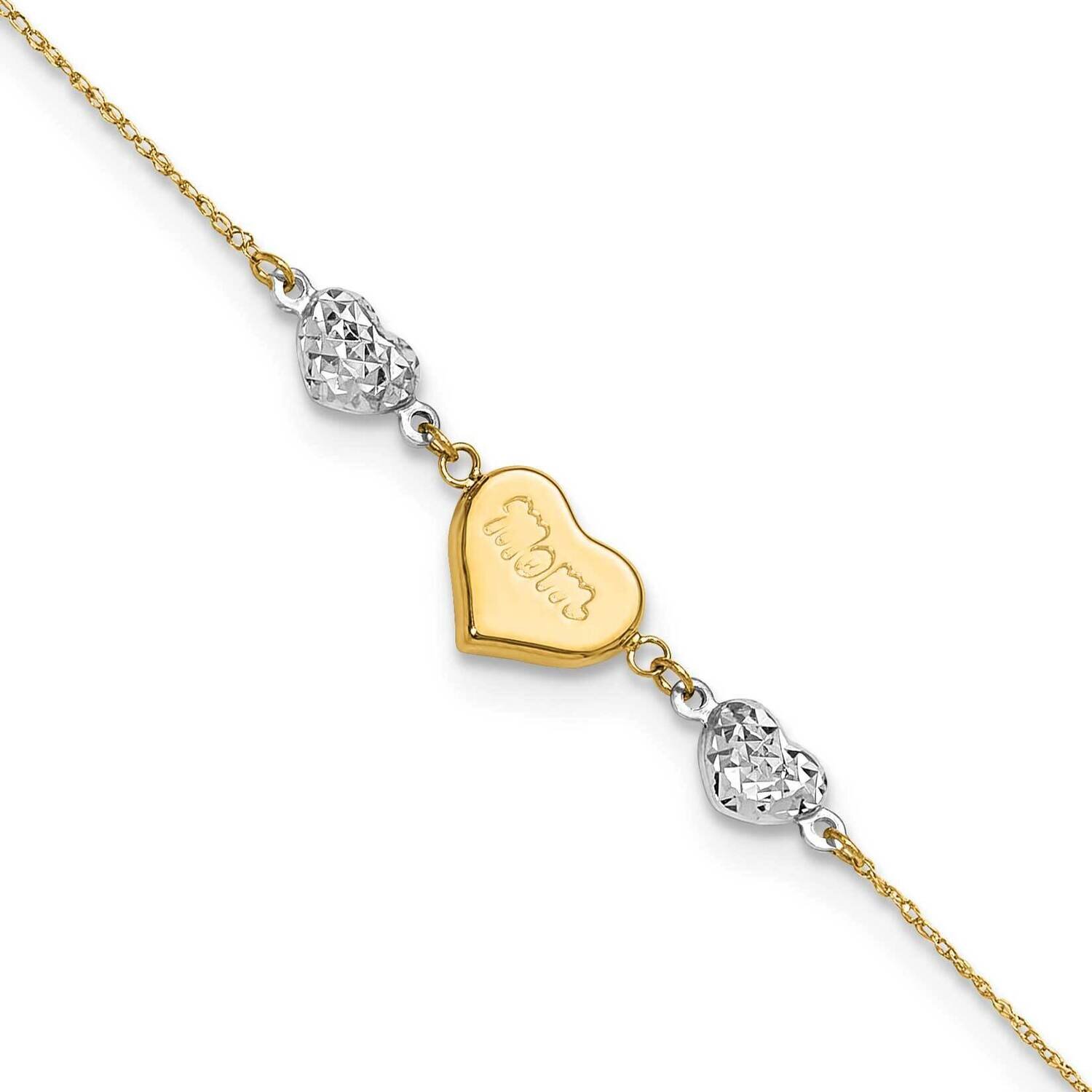 Diamond-Cut Puffed Hearts Mom 10In Plus 1Inch Extension Anklet 14k Two-Tone Gold ANK254-10