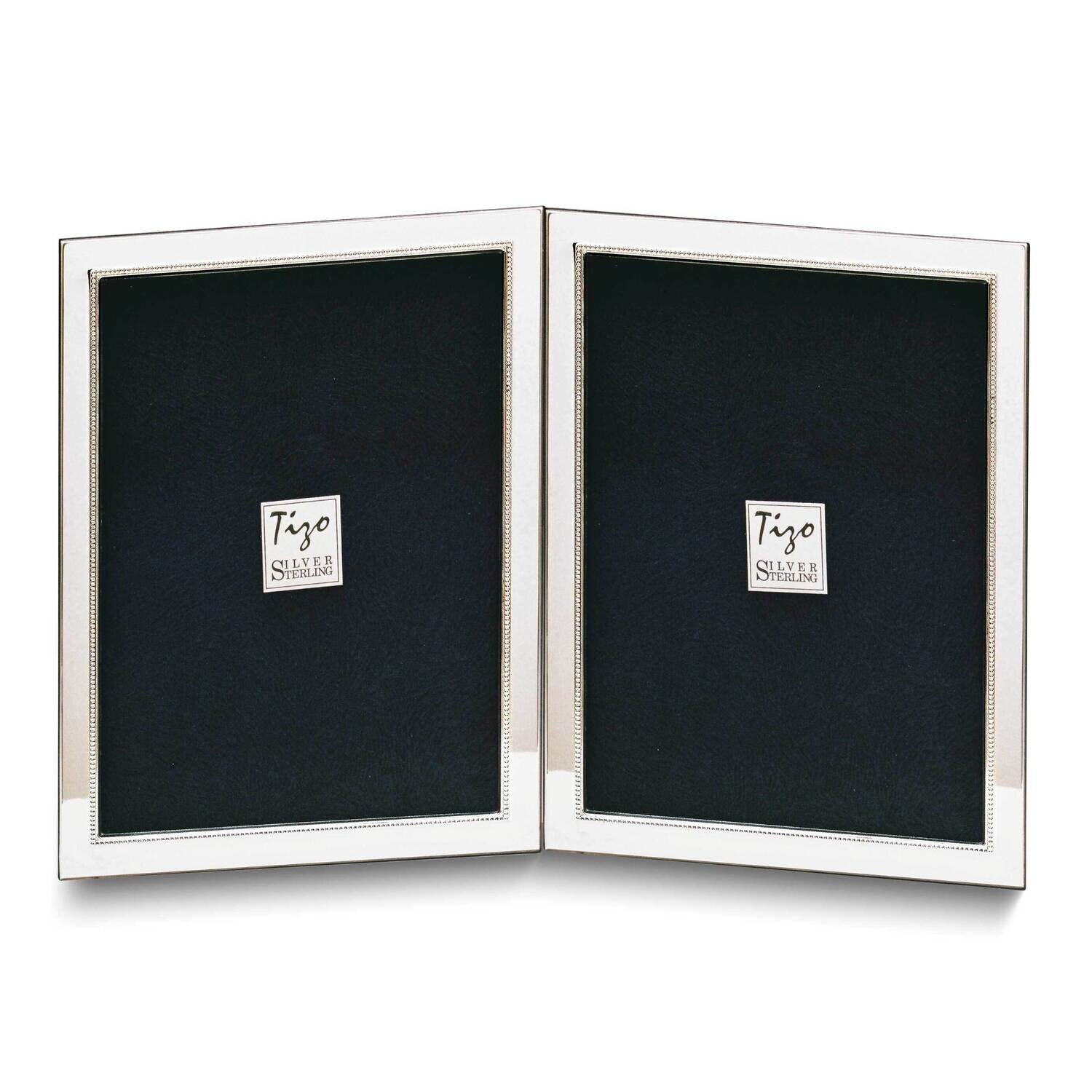 Tarnish Resistant Narrow Portrait Hinged Beaded Double 4X6 Photo Frame with Finished Wood Back Sterling Silver GP8946