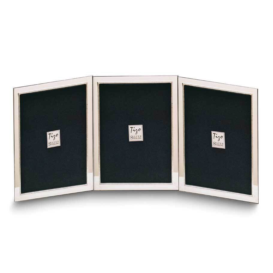 Tarnish Resistant Narrow Portrait Hinged Beaded Triple 2X3 Photo Frame with Finished Wood Back Sterling Silver GP8948