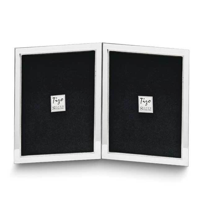 Tarnish Resistant Narrow Portrait Hinged Beaded Double 2X3 Photo Frame with Finished Wood Back Sterling Silver GP8945