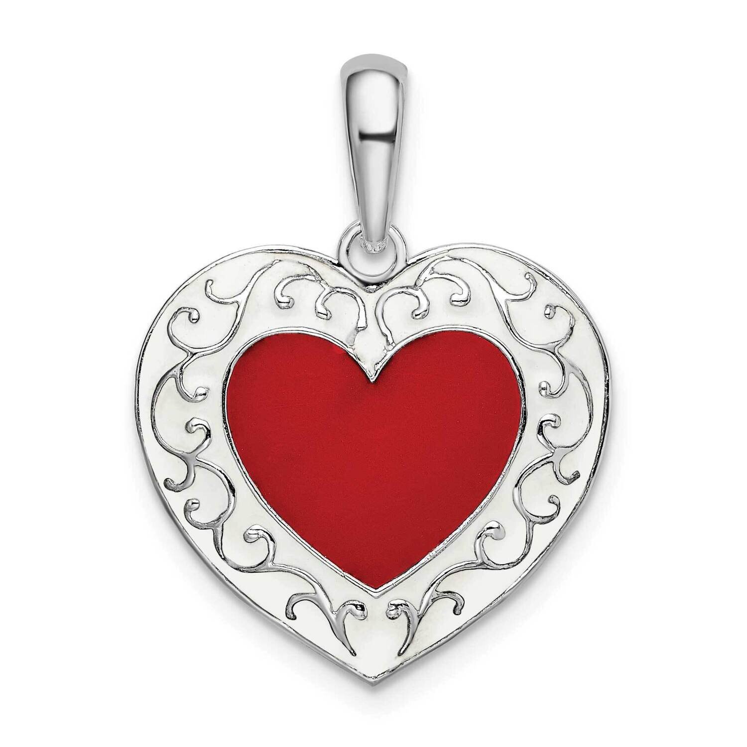 Enameled Heart with Scroll Pendant Sterling Silver Polished QC10683, MPN: QC10683, 637218145102