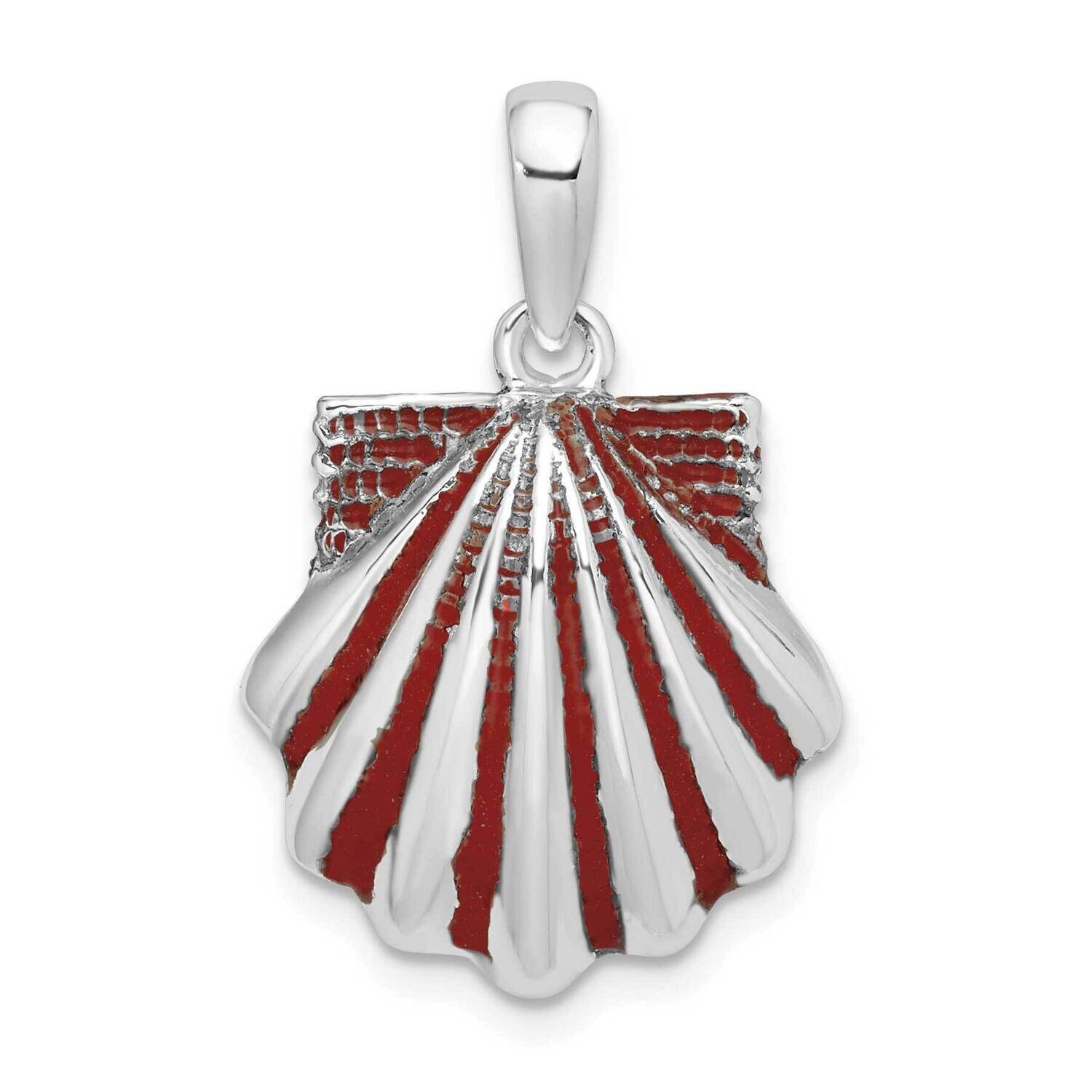 Enameled Red Scallop Shell Pendant Sterling Silver Polished QC10640