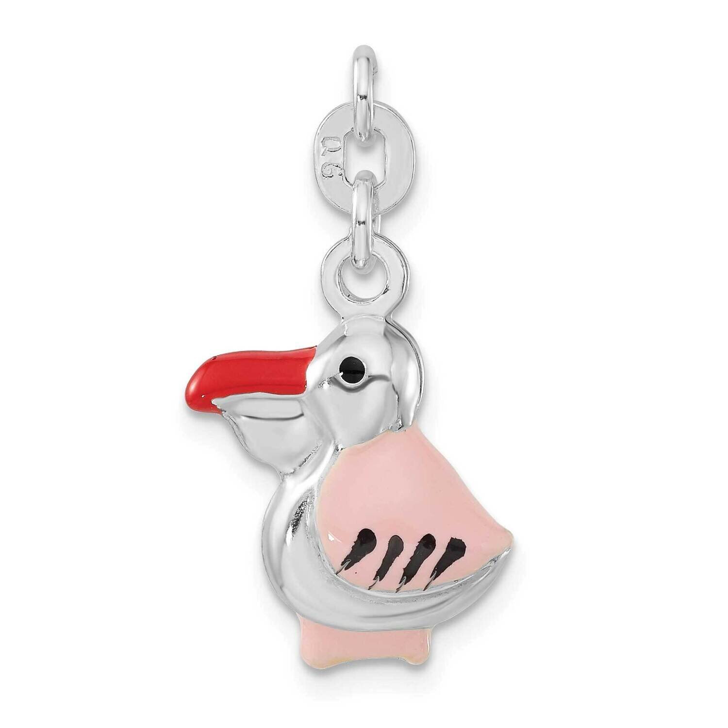 3-D Polished Pink Red & Black Enameled Pelican Charm Sterling Silver QC6245