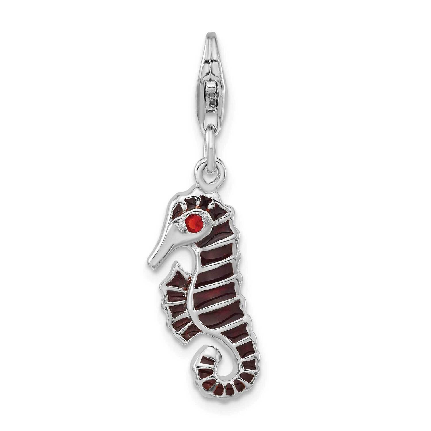 Red CZ & Enamel Seahorse with Lobster Clasp Charm Sterling Silver Polished QC6315