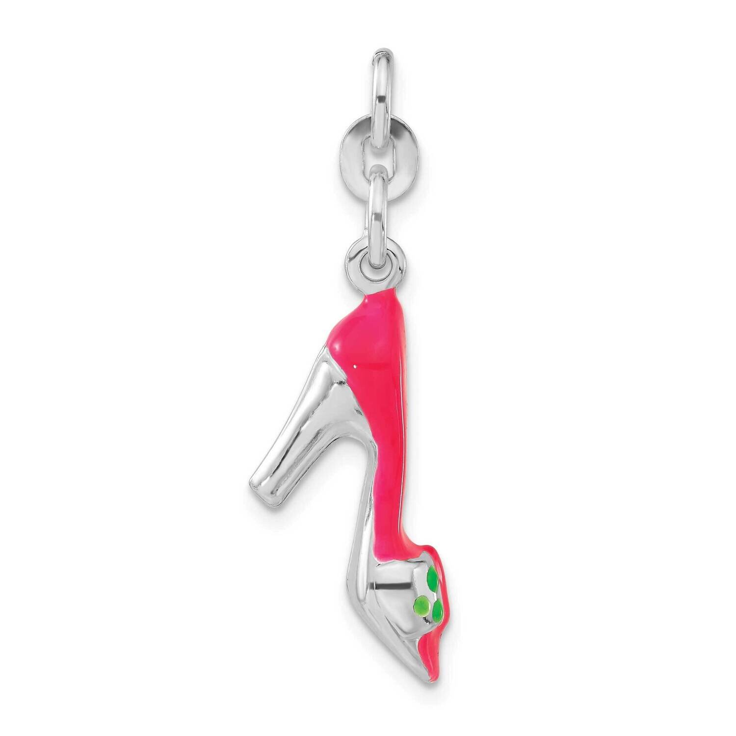 3-D Polished Pink & Green Enameled High Heel Charm Sterling Silver QC6169