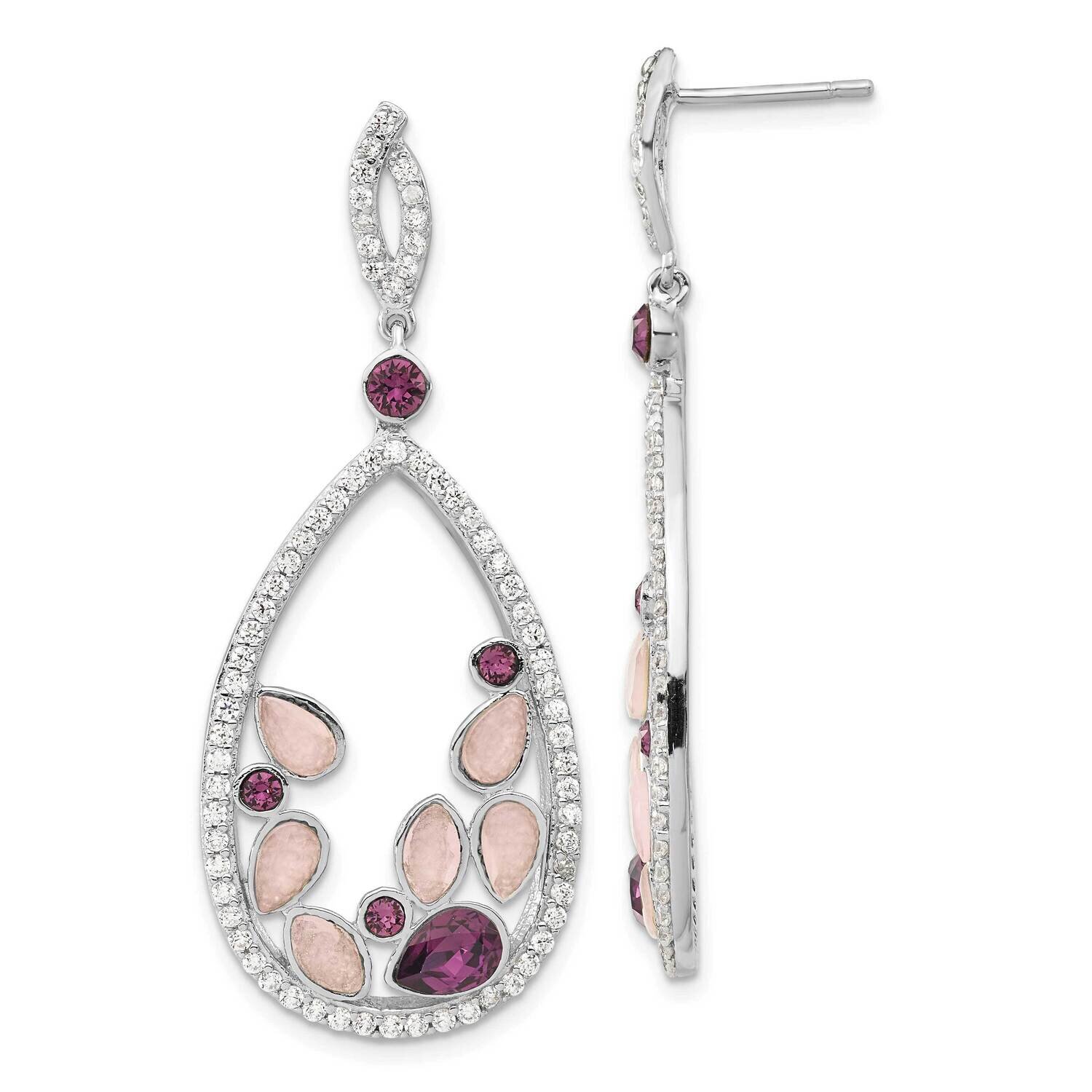 Purple Crystal, Pink Glass & CZ Teardrop Dangle Earrings Sterling Silver Polished QE12464