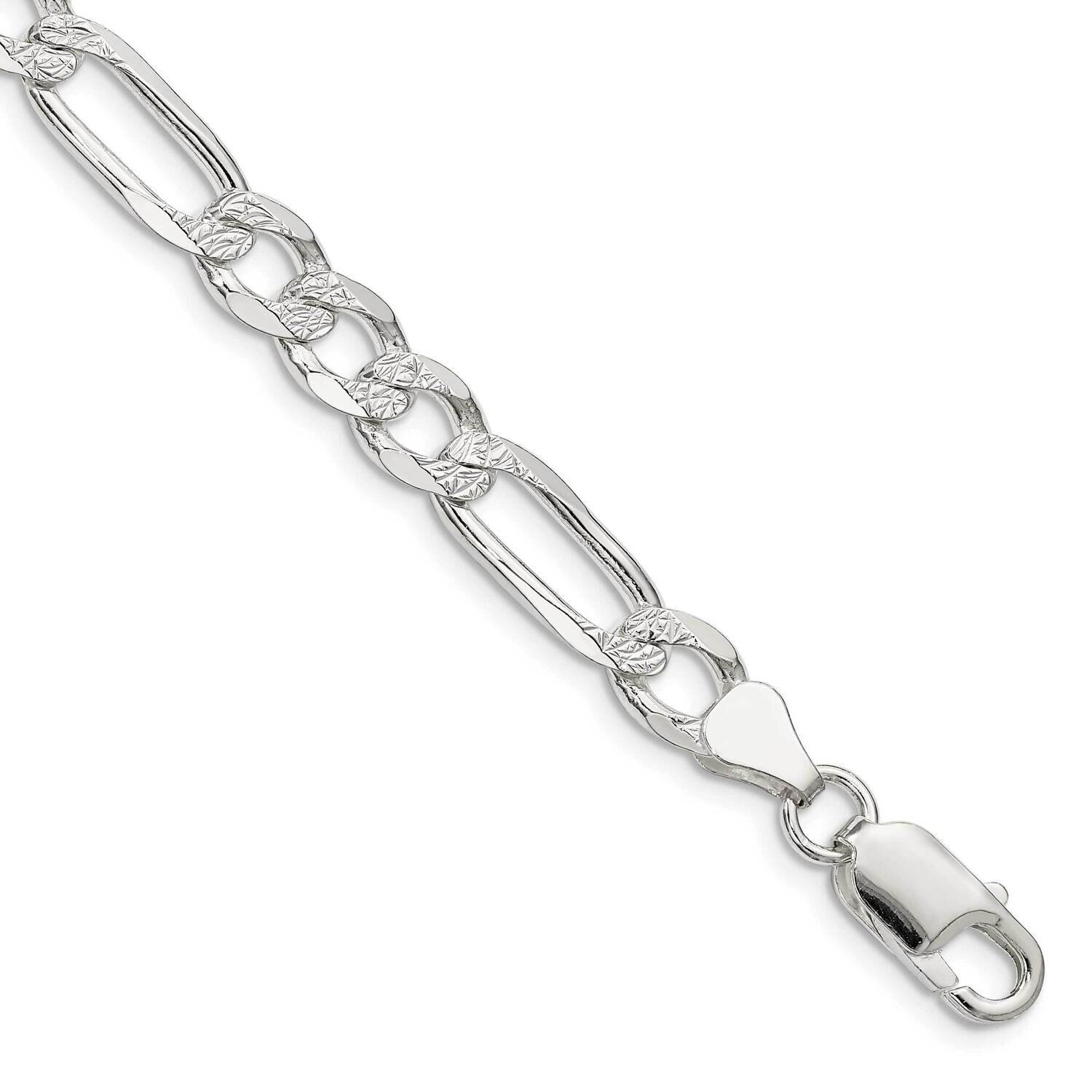 7mm Pave Flat Figaro Chain 9 Inch Sterling Silver QFF180-9, MPN: QFF180-9,
