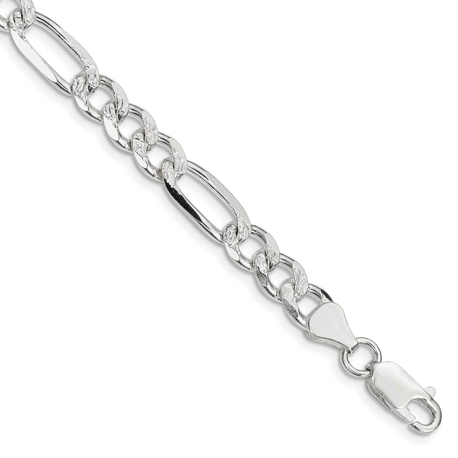 7.25mm Pave Flat Figaro Chain 9 Inch Sterling Silver QFF200-9, MPN: QFF200-9,