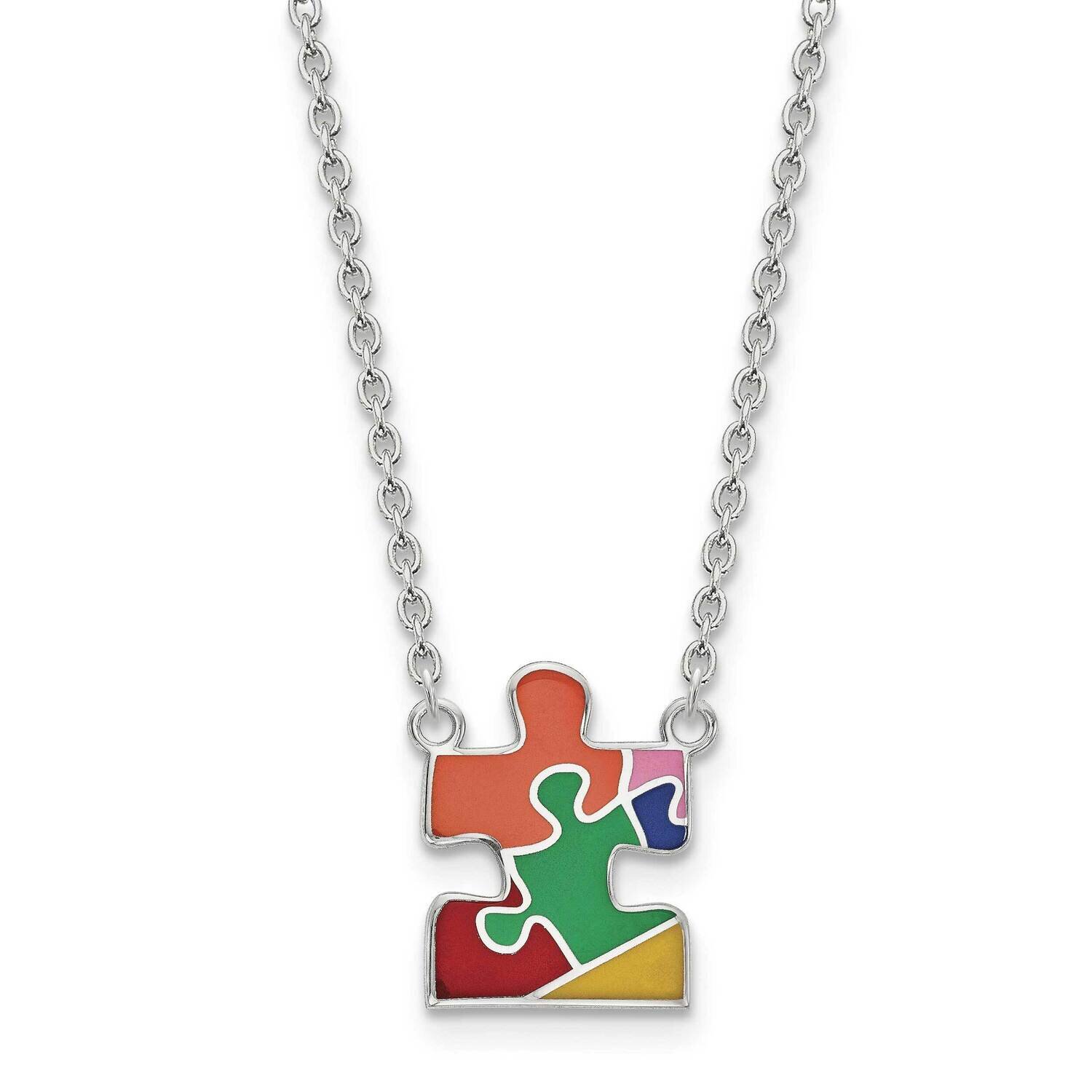 Enameled Autism Puzzle Piece Necklace Sterling Silver Rhodium-Plated QG4676-18