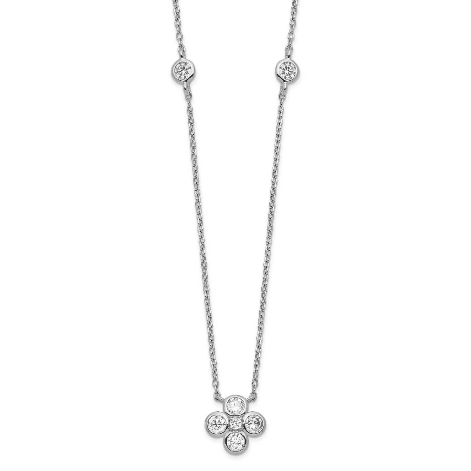 Polished CZ Flower with 2 Inch Extension Necklace Sterling Silver Rhodium-Plated QG5319-18