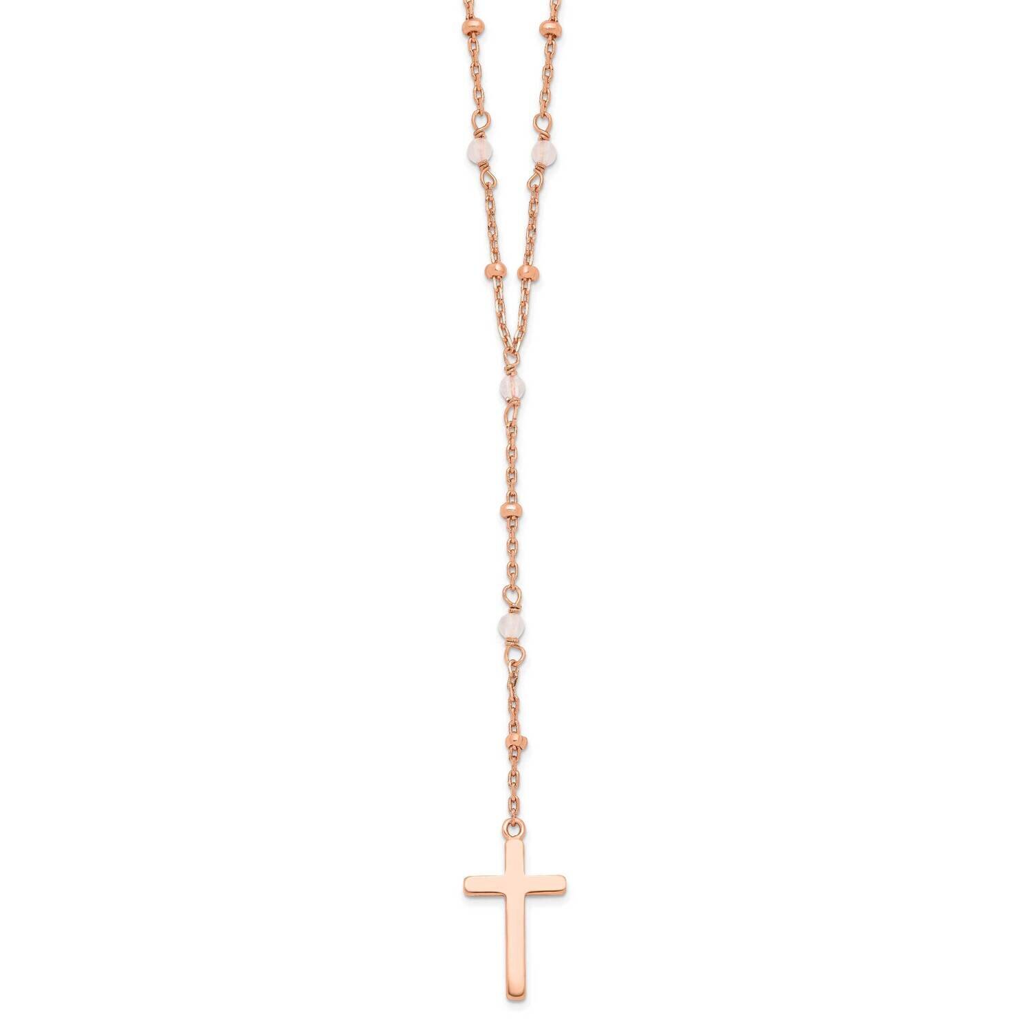 Rose-Tone Rose Quartz Beaded Cross with 2 Inch Extension Necklace Sterling Silver QG6060-16, MPN: Q…