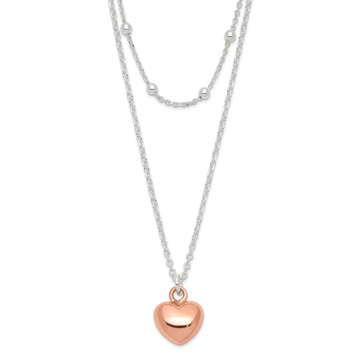Rose-Tone Beaded Heart Adjustable Necklace Sterling Silver QG6030-17, MPN: QG6030-17, 191101769733