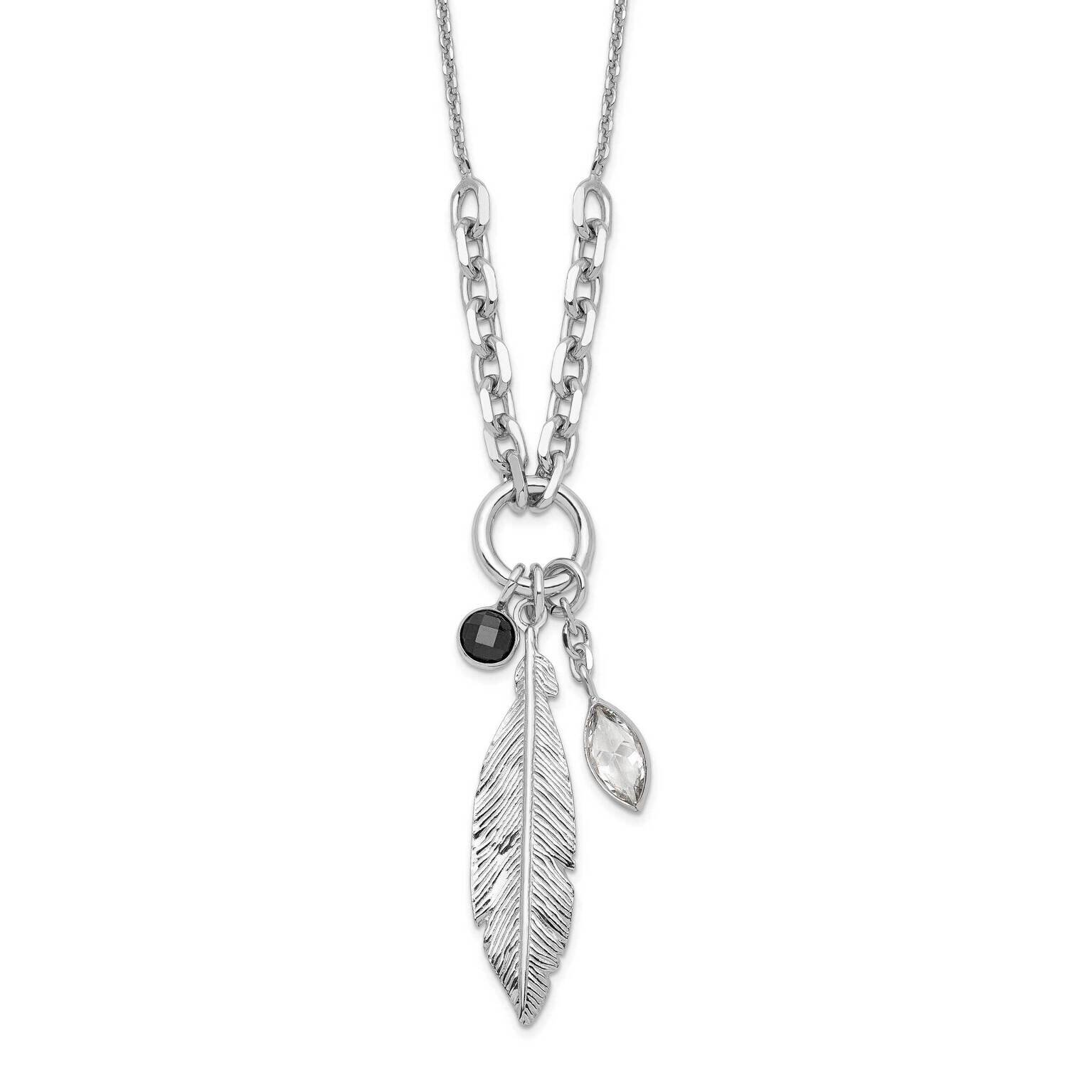 Feather And CZ with 1 Inch Extension Necklace Sterling Silver Rhodium-Plated QG6229-16