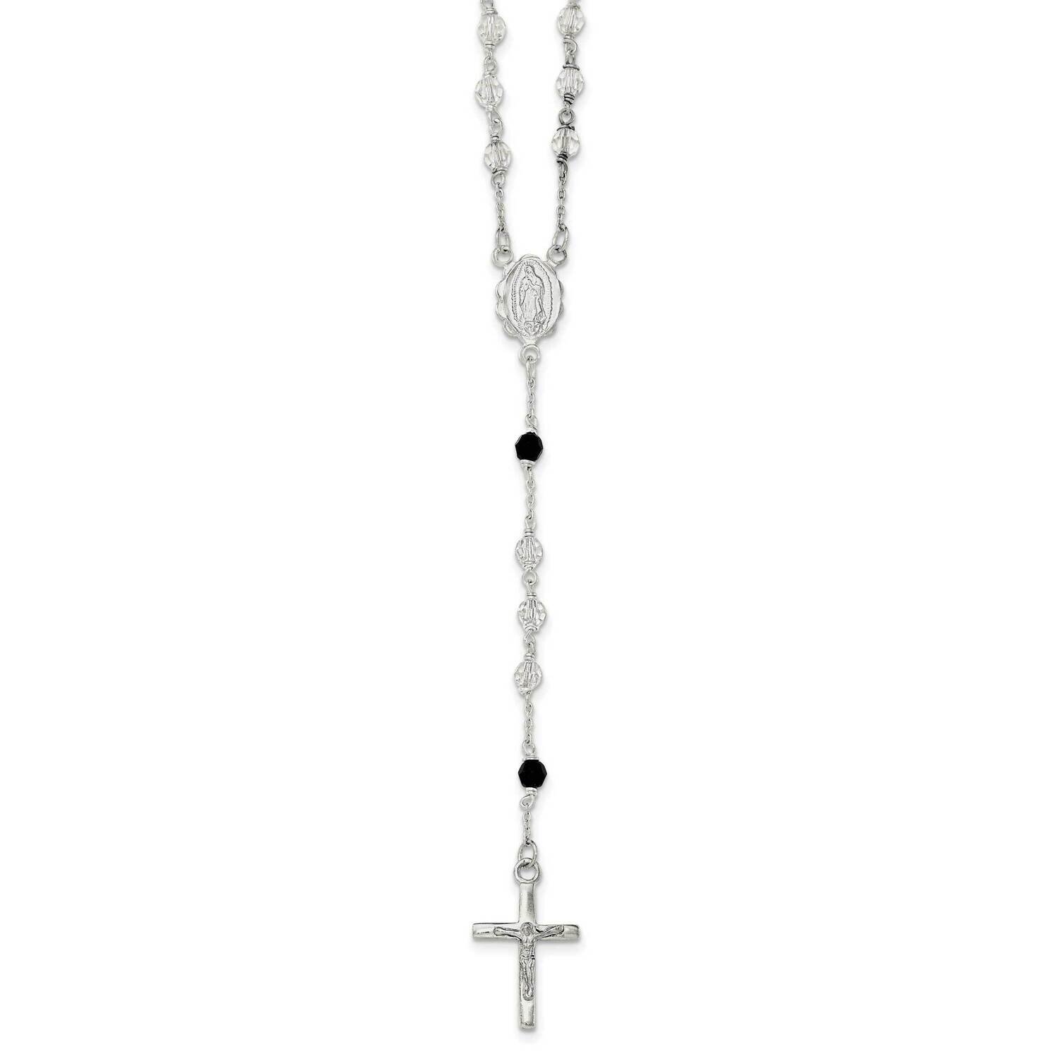 Black Crystal Bead Rosary 23.5 Inch Necklace Sterling Silver Polished QH5134-23.5