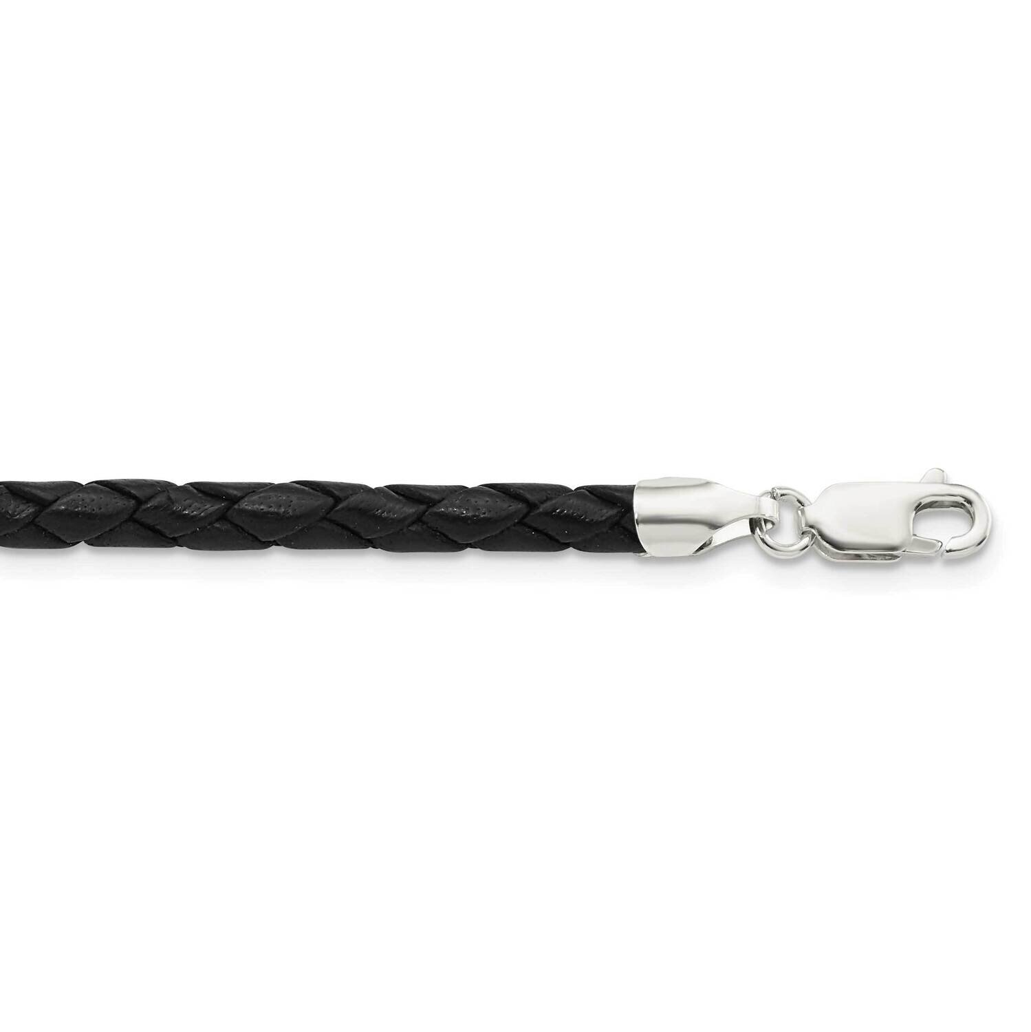 20Inch 4mm Black Leather Braided Necklace Sterling Silver QK89-20