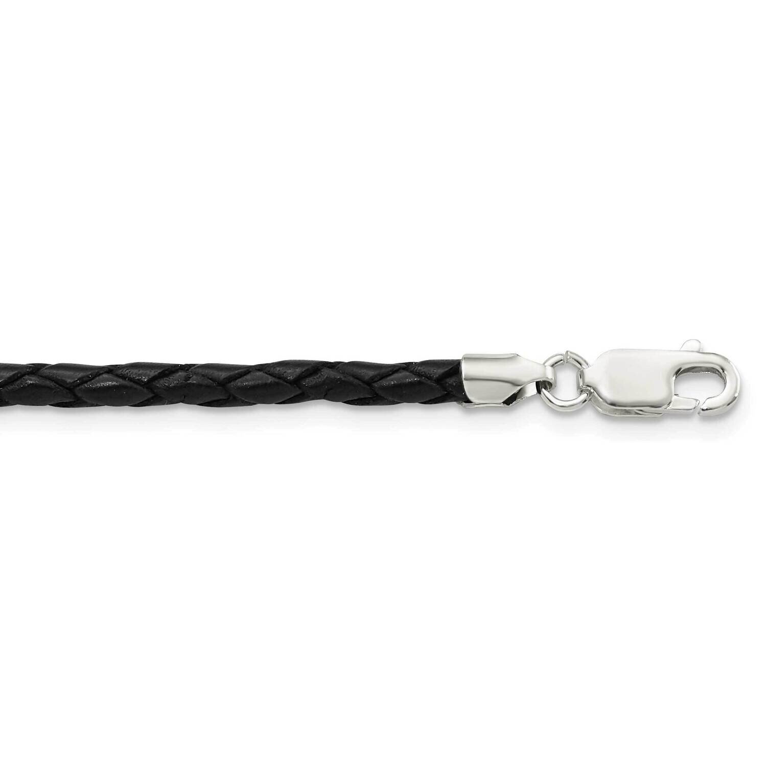20Inch 3mm Black Leather Braided Necklace Sterling Silver QK90-20
