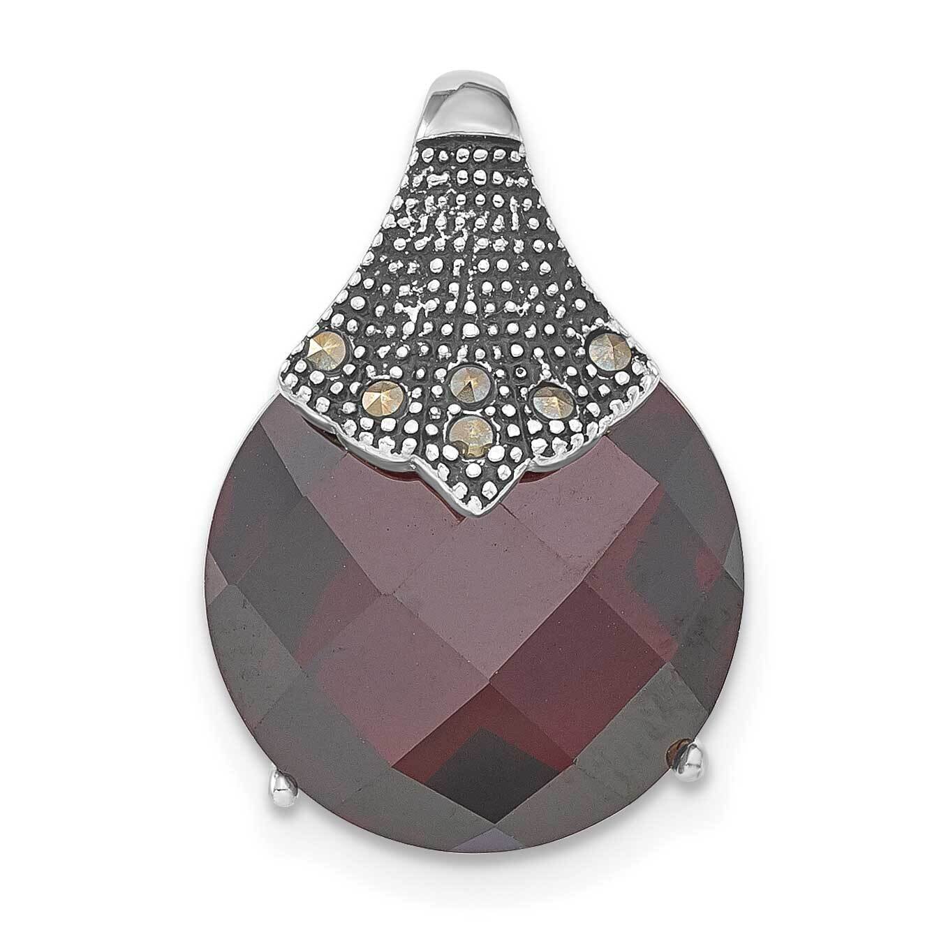 Antiqued Red CZ Marcasite Chain Slide Pendant Sterling Silver Polished QP4199, MPN: QP4199,
