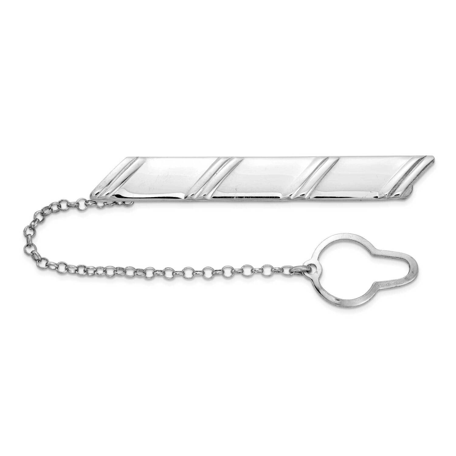 Diagonal Stripes with Button Chain Tie Bar Sterling Silver Rhodium-Plated QQ626