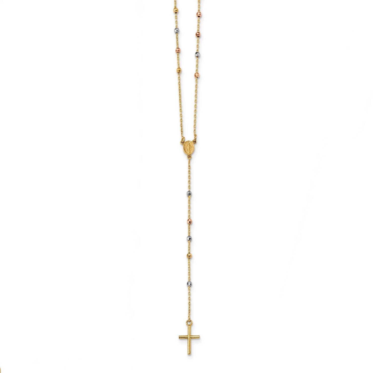 Tri-Color Polished Bead Rosary Hollow Miraculous Medal 24 Inch Necklace 14k Gold SF2556-24