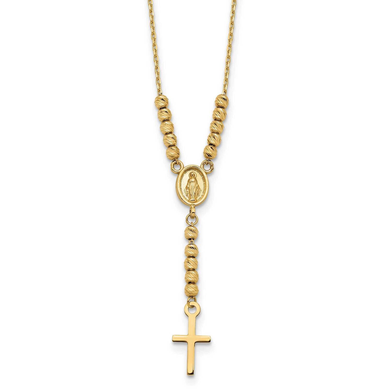 14K Polished Diamond-Cut Bead Miraculous Medal And Cross 17In Necklace 14k Gold Polished SF2962-17