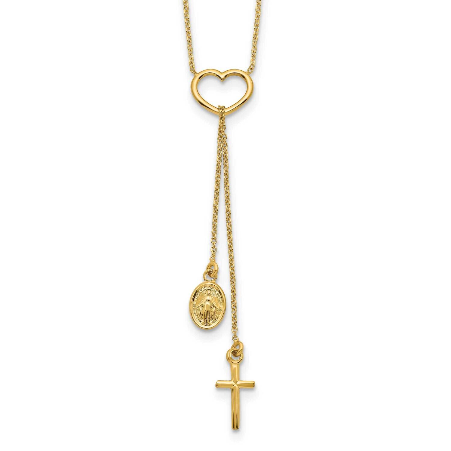 14K Polished Heart with Dangle Cross And Religious Medal Necklace 14k Gold Polished SF2963-17