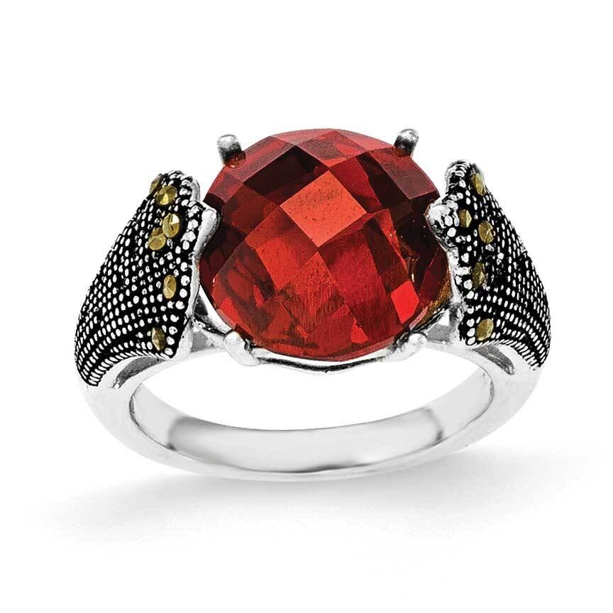 Red CZ And Marcasite Ring Sterling Silver QR6006, MPN: QR6006,