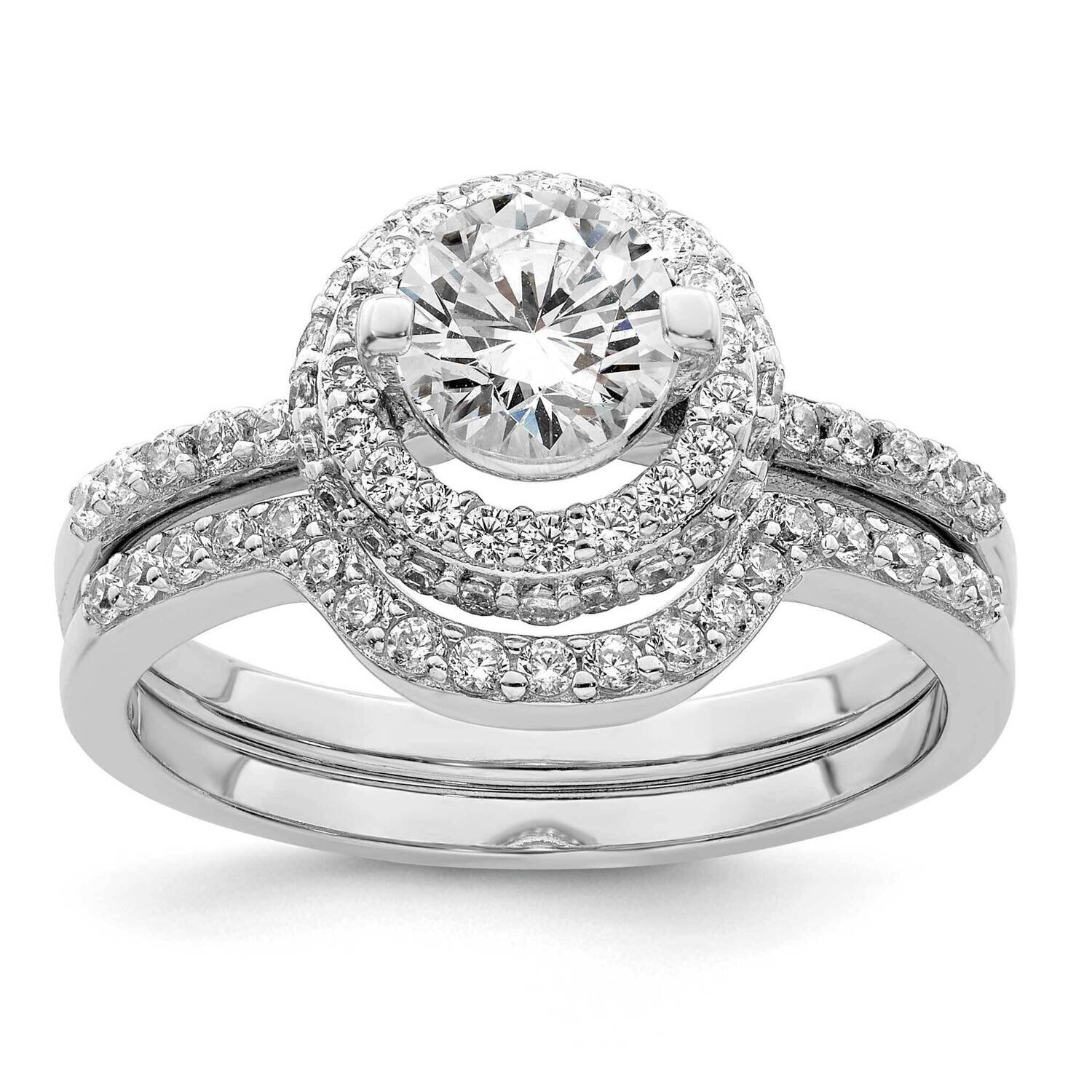 CZ Halo Engagement Ring &amp; Band Set Sterling Silver Rhodium-Plated QR7299, MPN: QR7299,