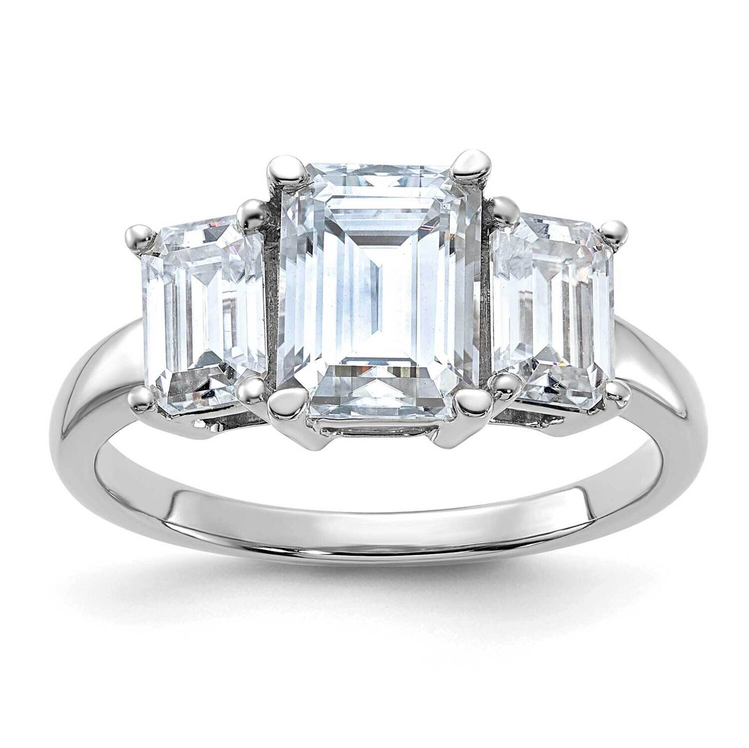 2 7/8ct. Three Stone D E F Pure Light Emerald-cut Moissanite Ring 14k White Gold RM4451E-290-WMP, M…