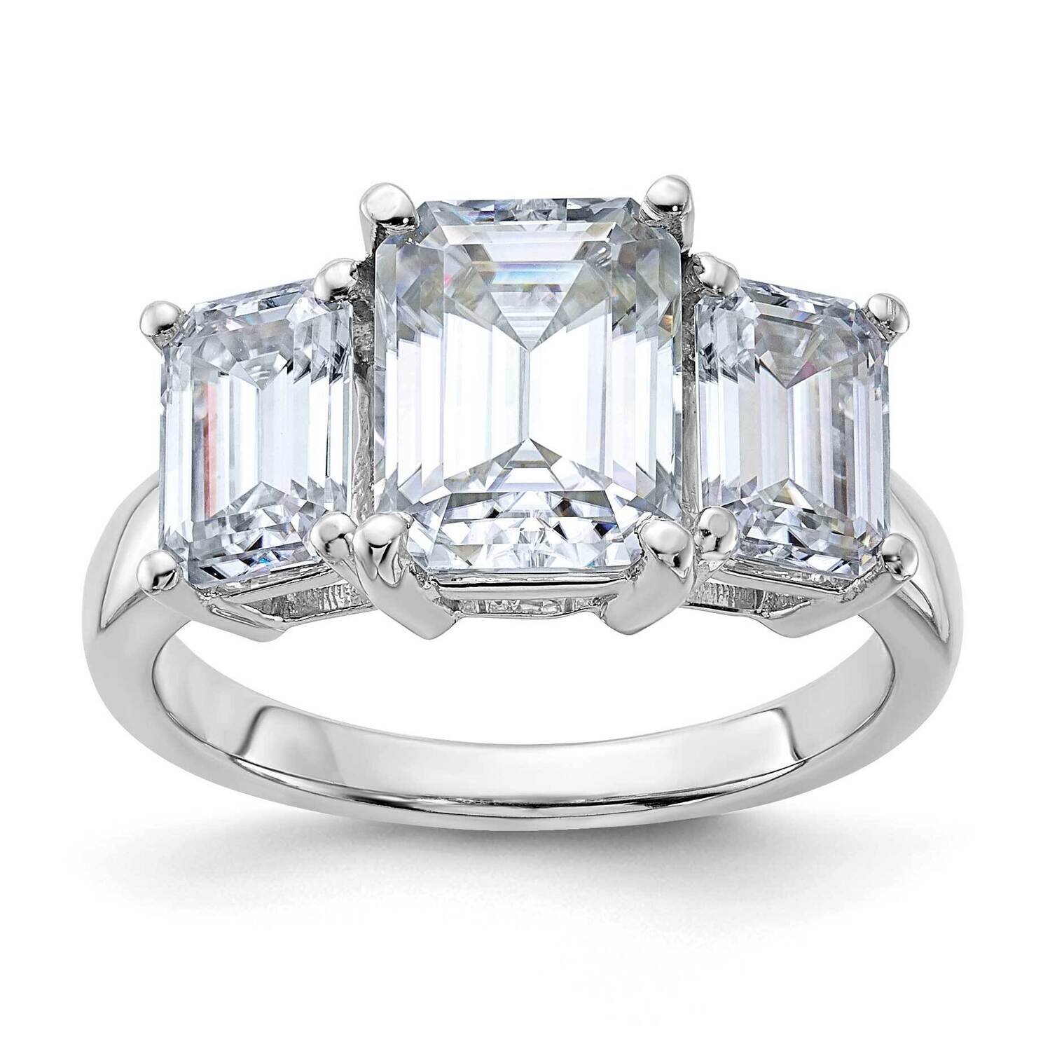 4 3/4ct. Three Stone D E F Pure Light Emerald-cut Moissanite Ring 14k White Gold RM4451E-470-WMP, M…