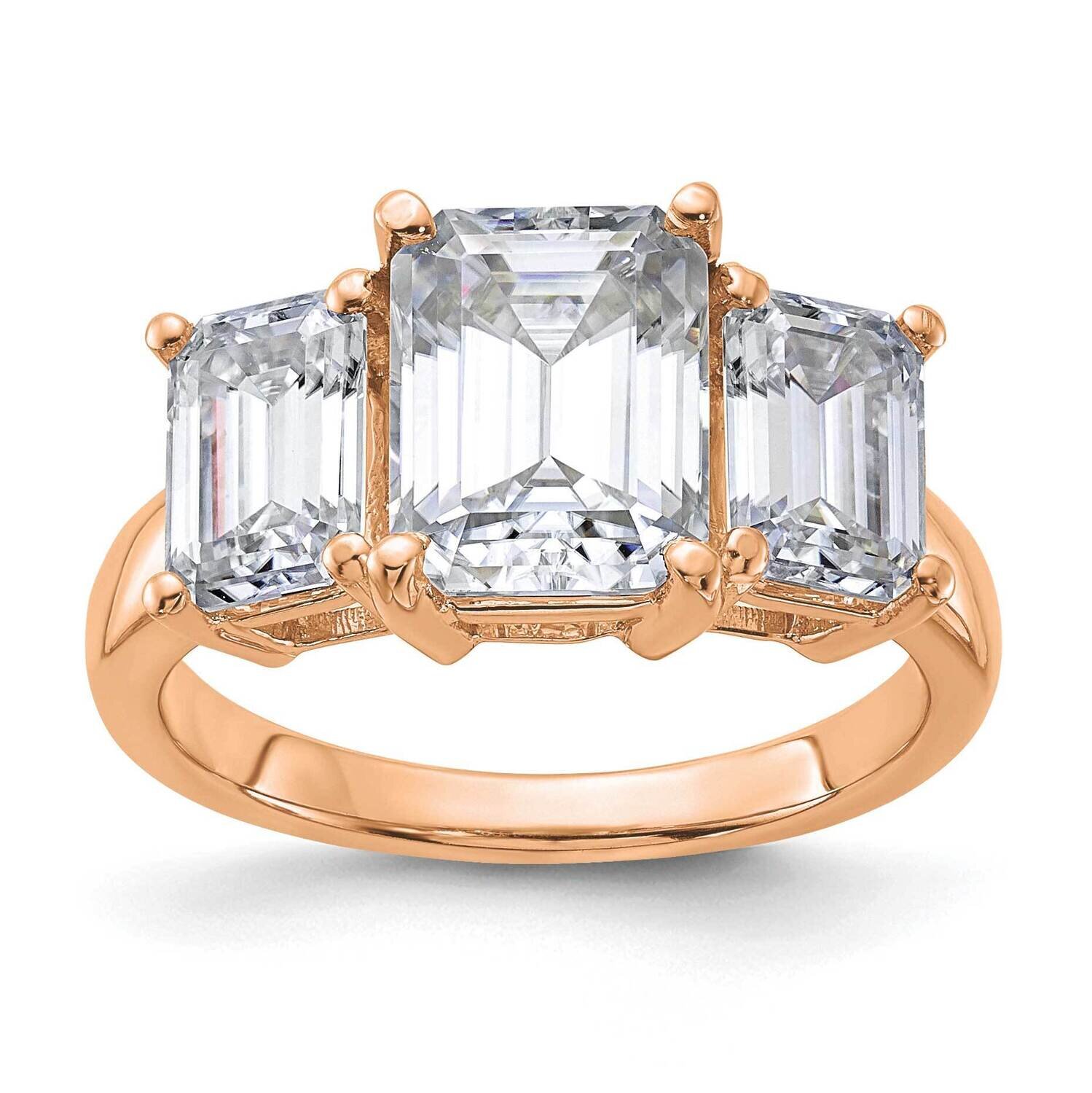 4 3/4ct. Three Stone G H I True Light Emerald-cut Moissanite Ring 14k Rose Gold RM4451E-470-RMT