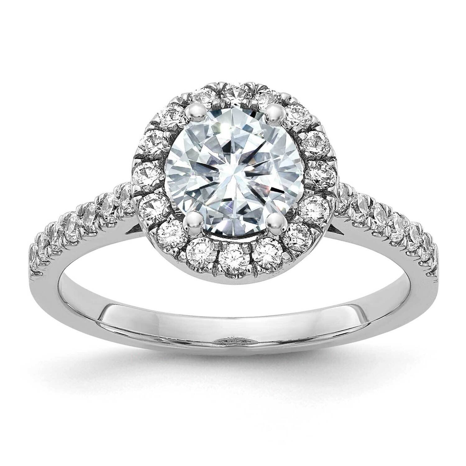 1 1/2ct. D E F Pure Light Round Halo Moissanite Engagement Ring 14k White Gold RM4452E-160-WMP-6, M…