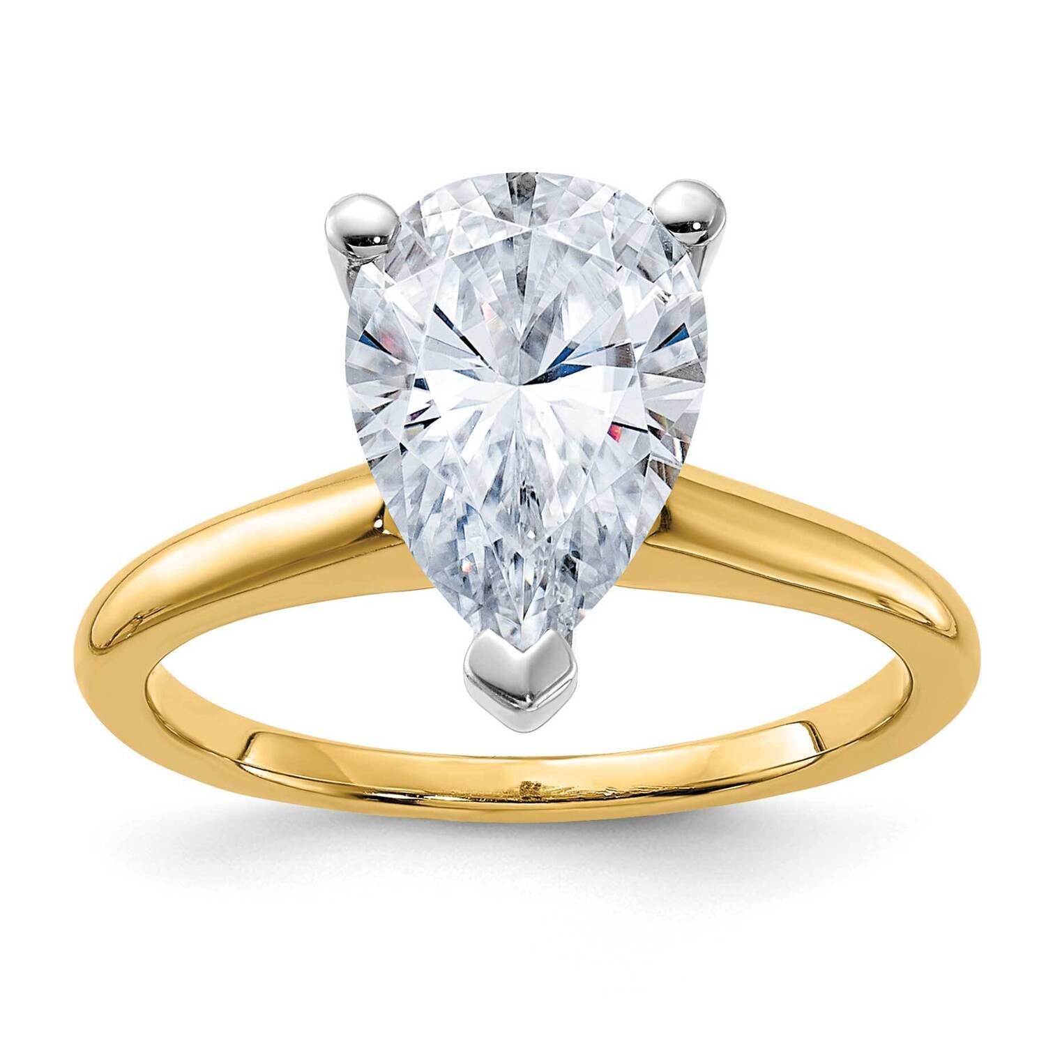 3 1/2ct. D E F Pure Light Pear Moissanite Solitaire Ring 14k Two Tone Gold RM5965P-300-9MP