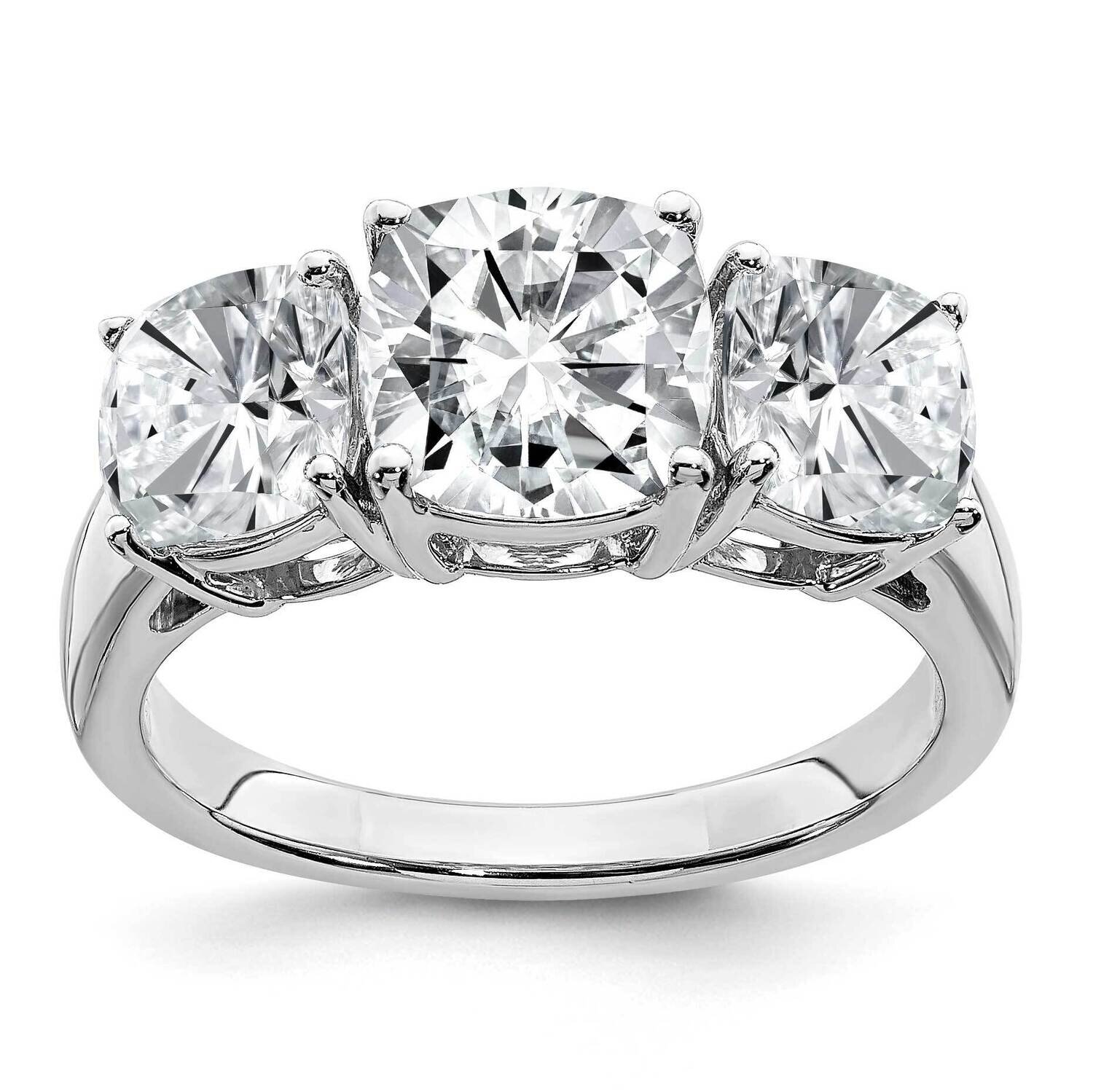 4 1/5ct. Three Stone G H I True Light Cushion Moissanite Ring 14k White Gold RM6794-420-WMT, MPN: R…