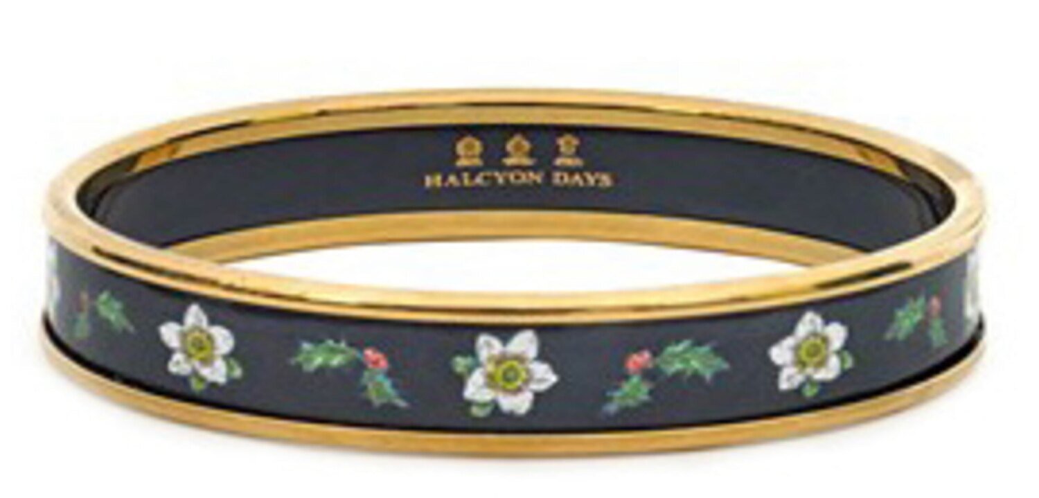 Halcyon Days 1cm Christmas Hellebores Navy Gold Small Bangle Bracelet PBCHH1110GS