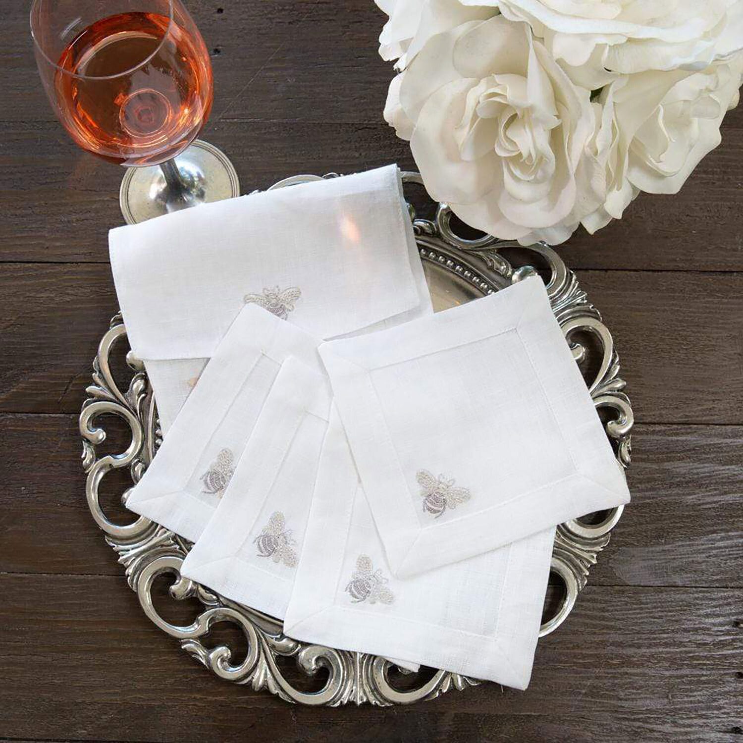 Crown Bumble Bee Linen Cocktail Napkin Set White Two Tone C102