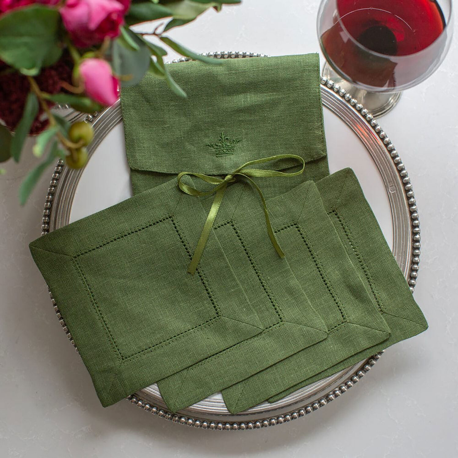 Crown Hemstitch Cocktail Napkin Set Evergreen C301