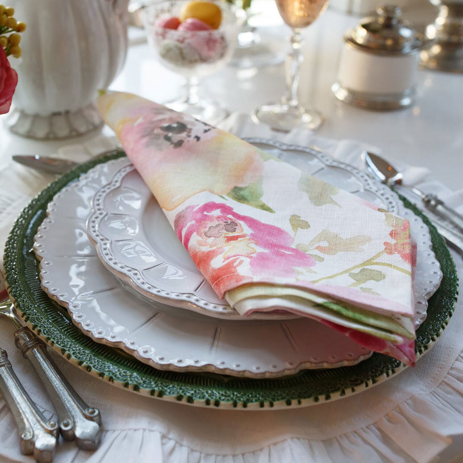 Crown Floral Watercolor Large Linen Napkin Floral Set of 8 NLG456
