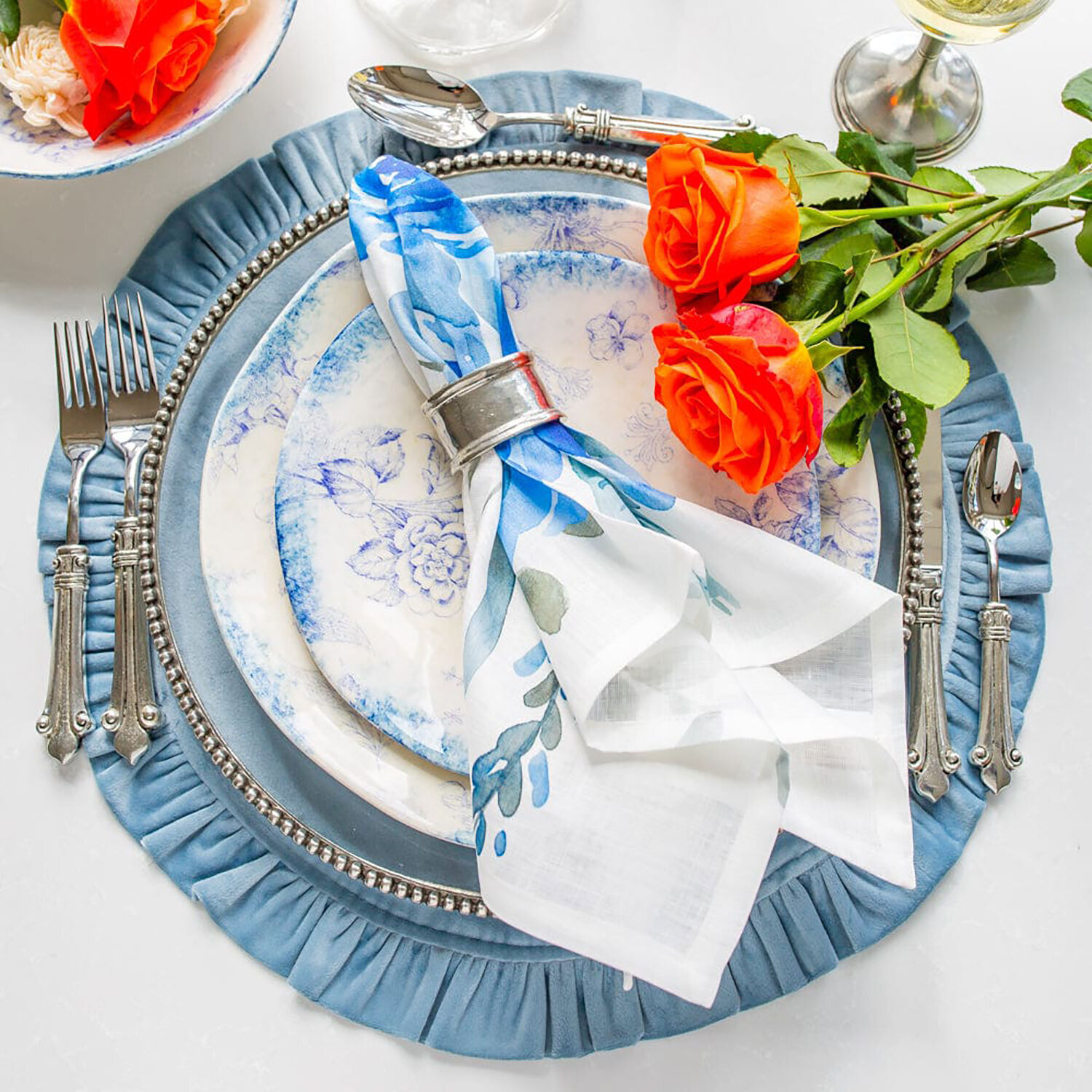 Crown Blue Floral Watercolor Large Napkin Set of 8 NLG457